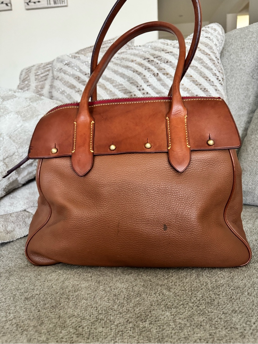 Dooney & Bourke Brown Pebble Leather Satchel with Cognac Trim - Picture 9 of 12